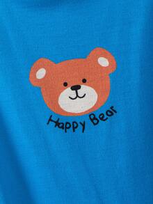 男婴休闲无袖针织连体衣套装，泰迪熊字母印花，适合夏季穿着 - 杏色 - 查看 5