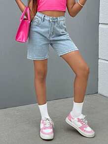 SHEIN 少女休閒寬鬆knee-length,柔軟洗水牛仔短褲 - 深色水洗藍 - 查看 1