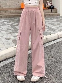 DAZY Women Solid Color Loose Straight-Leg Pants With Pockets For Casual Wear