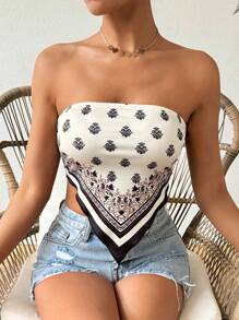 SHEIN VCAY Top de tubo estampado de moda para mujer para vacaciones de verano - Albaricoque - Ver 6