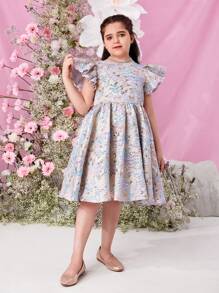 SHEIN Tween Girls Extended Size Elegant &  Woven Jacquard Short Sleeve Dress For Spring And Summer - Multicolor - View 5