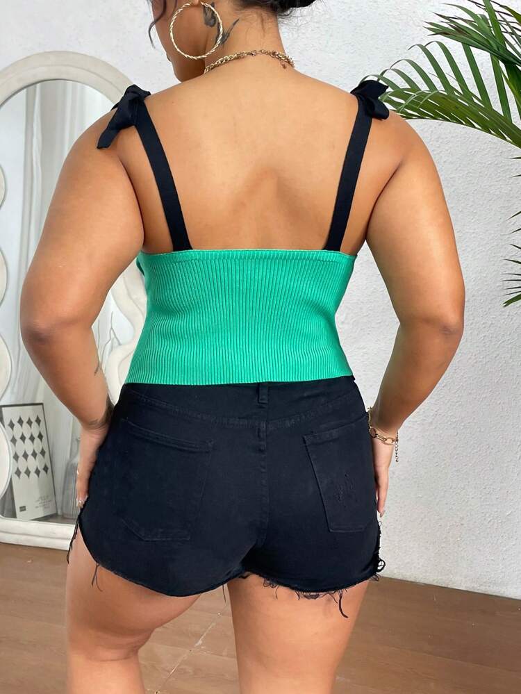 Plus Size Women Spaghetti Strap Knit Top With Color Block Shoulder, Knot Detail And Ribbed Hem