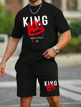 Manfinity Homme Ensemble de combo de t-shirt à manches courtes imprimé Roi à la mode pour homme avec short