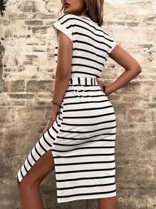 SHEIN Clasi Women's Fashionable Summer Striped Design Dress With Simple Waist Belt - Multicolor - View 2