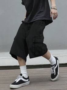 Manfinity EMRG Pantaloni scurți simpli din denim pentru bărbați, culoare solidă, croială lejeră - Negru - Vizualizare 3