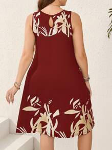 EMERY ROSE Plus Size Rỗng Out Keyhole Cổ In Hình Thực Vật Không Tay Mùa Hè Thường Ngày - Đỏ - Xem 2