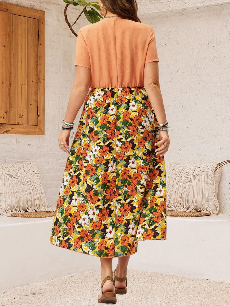 Plus Size Women's Summer Holiday Floral Printed Waist Tie Round Neck Short Sleeve Maxi Casual Dress
