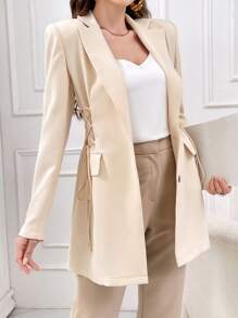 Modelyn Women's Long Side Lace-Up Design Suit Jacket - Apricot - View 1