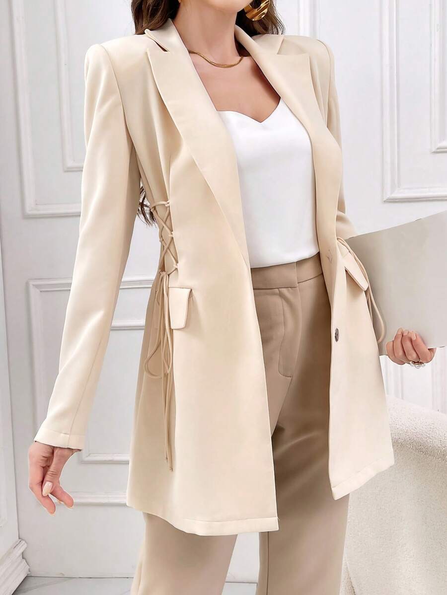 Modelyn Women's Long Side Lace-Up Design Suit Jacket - Apricot - View 1