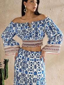Forever 21 Women's Fashionable Vintage Printed Off-Shoulder Cropped Top For Vacation - Multicolor - View 5