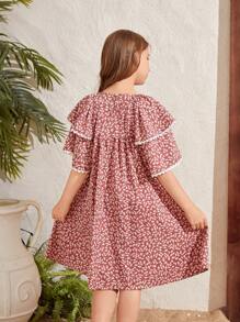 Vestido casual de manga corta con cuello redondo, diseño de flores diminutas tejidas y detalles de volantes para niña preadolescente, ideal para vacaciones - Rosa Pálido - Ver 2
