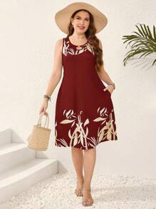 EMERY ROSE Plus Size Rỗng Out Keyhole Cổ In Hình Thực Vật Không Tay Mùa Hè Thường Ngày - Đỏ - Xem 6