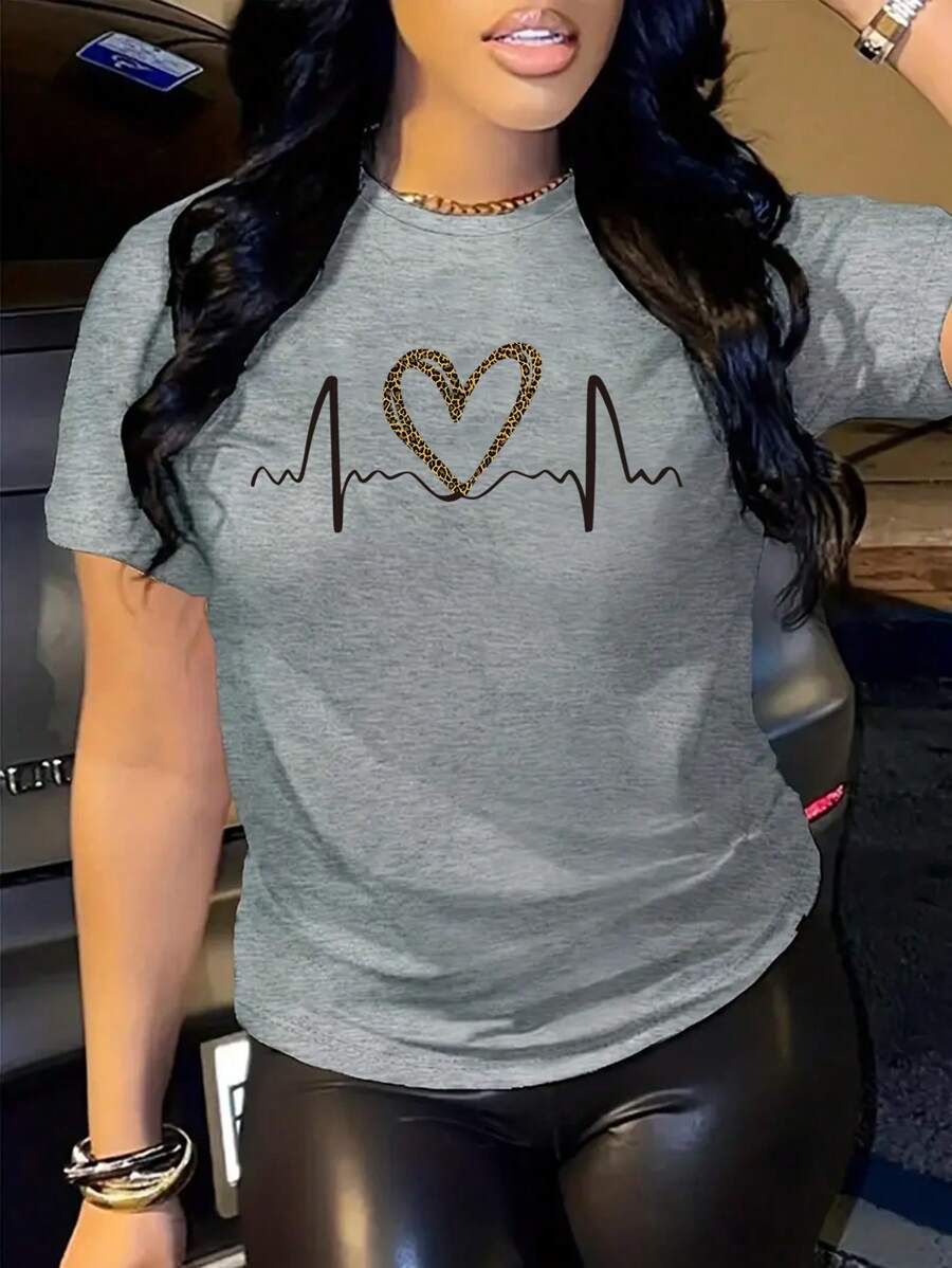 SHEIN Áo thun ngắn tay cổ tròn in hình trái tim và da báo mùa hè dành cho nữ - Xám - Xem 1