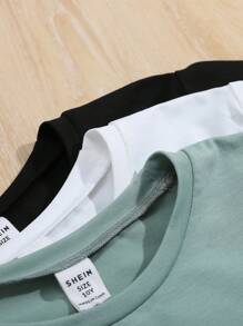 SHEIN Conjunto de 3 piezas de camisetas de manga corta de cuello redondo y ajuste informal de unicolor tejido a mano para niña preadolescente, ropa informal de verano de vacaciones - Verde - Ver 3