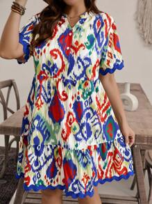 SHEIN VCAY 大尺碼假日休閒隨機印花拼接緞帶切割領連衣裙 - 彩色 - 查看 3