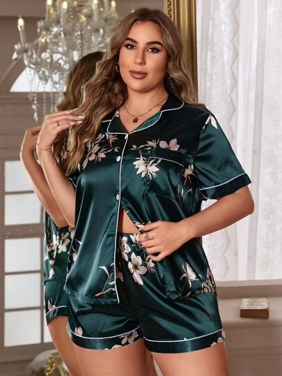 SHEIN MuseNap CURVE Conjunto de pijama de talla grande con estampado floral de seda simulada
