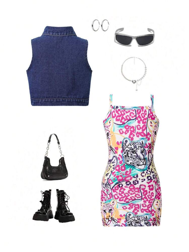 Baby Girl Denim Jacket + Printed Cami Dress Set, 2pcs