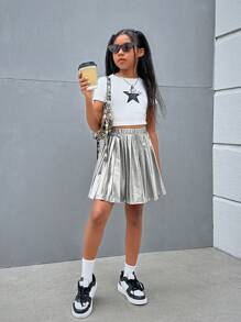 SHEIN Leap Crew Tween Girl Summer Cool Street Style Kim loại Váy xếp li màu bạc - Bạc - Xem 5