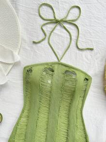 Soleia 女士度假風格綁頸帶腰帶特別中空針織夏季畢業典禮和婚禮派對可愛午餐綠色貼身連身裙 - 綠色 - 查看 4