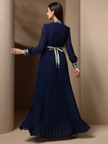 Women's Patchwork Webbing Long Sleeve Arabic Style Dress - Blue - View 2
