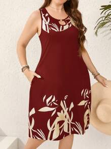EMERY ROSE Plus Size Rỗng Out Keyhole Cổ In Hình Thực Vật Không Tay Mùa Hè Thường Ngày - Đỏ - Xem 5