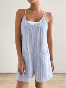 SHEIN EZwear Women's Summer Casual Striped Jumpsuit With Double Pockets