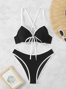 SHEIN Swim Women's Summer Beach Color Block Front Tie Sexy Bikini Set (With Underwire) - Black - View 7