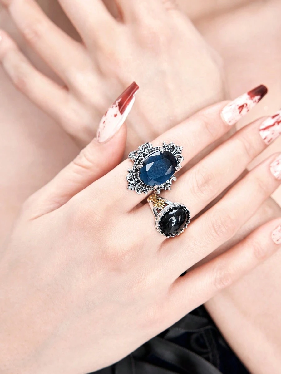 ROMWE Goth Conjunto de 2 anillos estilo gótico oscuro para mujer con piedras preciosas azules y negras - Multicolor - Ver 1