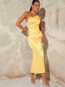 L'Amorae One Shoulder Cut Out Satin Dress - Yellow - View 4