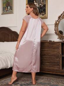 长款亲肤蕾丝设计大码睡衣裙 - 粉色 - 查看 2