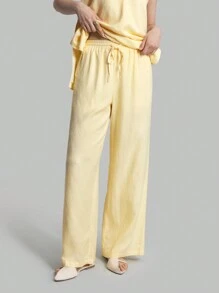 Ontre 2pcs Women's Solid Simple Cotton Casual Sleeveless Top And Pants Set, Cream Yellow, For Autumn, Back To School, Daily Wear