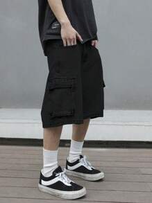 Manfinity EMRG Pantaloni scurți simpli din denim pentru bărbați, culoare solidă, croială lejeră - Negru - Vizualizare 6