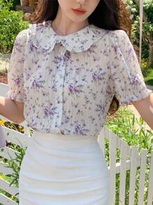 DAZY 蔥頸花卉短袖襯衫 - 淡紫色 - 查看 1