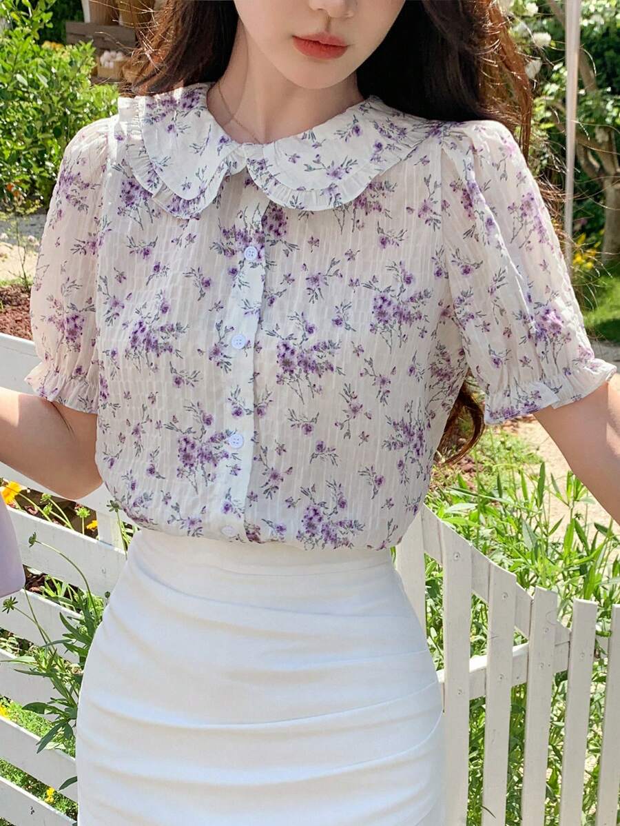 DAZY 蔥頸花卉短袖襯衫 - 淡紫色 - 查看 1