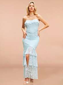 Elegant Summer Strapless Dress With Stretchy Lace Material, Asymmetric Hemline And Ruffles - Royal Blue - View 3