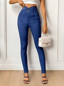 SHEIN Privé Women's Daily Elegant Basic Simple High-Waisted Skinny Jeans With Denim Effect Pockets And Button Detail