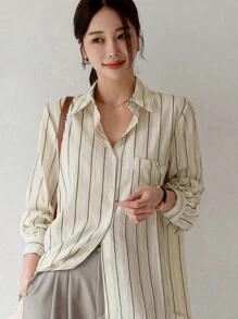 DAZY 女式条纹长袖休闲工作衬衫学院风上衣