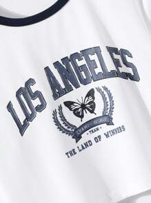 SHEIN Tween Girl Letter Graphic Contrast Binding Crop Tee - White - View 5