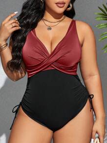 SHEIN Swim Curve Đồ bơi liền thân xếp ly thiết kế chữ thập phối màu cỡ lớn cho nữ mùa hè - Màu Đỏ Sâu - Xem 5