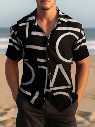 Manfinity Homme Herren geometrisch bedrucktes lustiges grafisches Freizeithemd mit Knopfleiste, lockere Passform, Kurzarm, Lässig-Kragen, für den Sommer, Vater-Sohn, Ausgehen, Papa