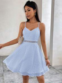 SHEIN Privé 女士婚禮嘉賓蕾絲中空腰身連衣裙，夏季 - 淺藍色 - 查看 4