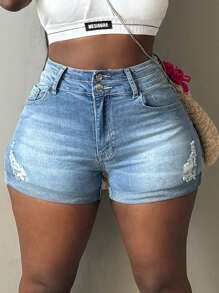European And American Fashionable Denim Shorts With Multiple Buckle Design For A Slimming Look - Light Wash - View 3
