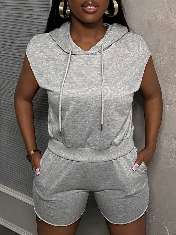 Slaydiva Casual Sports Basic Summer Hooded Sleeveless Casual Top & Elastic Shorts Grey Knitted Sweatsuit Set 2pcs For Women