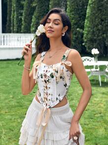 Zolique Women's Fashionable Fishbone Strap Asymmetrical Print Tank Top With Flounce Hem Summer Graduation Crop Women Tops - Multicolor - View 3