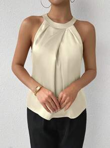SHEIN Privé Cămașă fără mâneci de culoare șampanie pentru femei, cu guler mandarin, pliuri și stil simplu și elegant, pentru ținuta zilnică de vară și de birou - Bej - Vizualizare 3