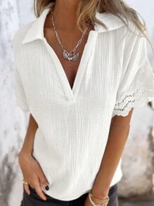 SHEIN LUNE 女士度假休閒純色V領花邊拼接袖子上衣 - 白色 - 查看 1