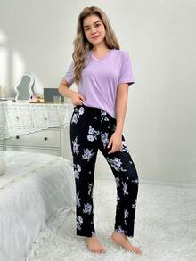 Conjunto de ropa de casa de 2 piezas para adolescente con parte superior morada de manga corta pura y pantalón con estampado floral morado - Morado - Ver 5