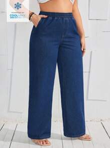 SHEIN VCAY Jeans casuales de pierna recta para el día a día, talla grande con cintura elástica de Coolmax