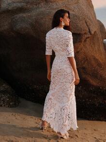 Anewsta Pure White Floral Water Soluble Lace Short Sleeve Mermaid Dress For Holiday Party Clothes Maxi Women Outfit - White - View 2