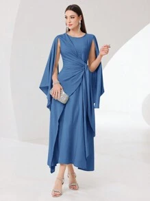 Modelyn Women's Solid Color Cape Sleeve Wrap Belted Modest Dress Long Evening Dresses - Blue - View 7